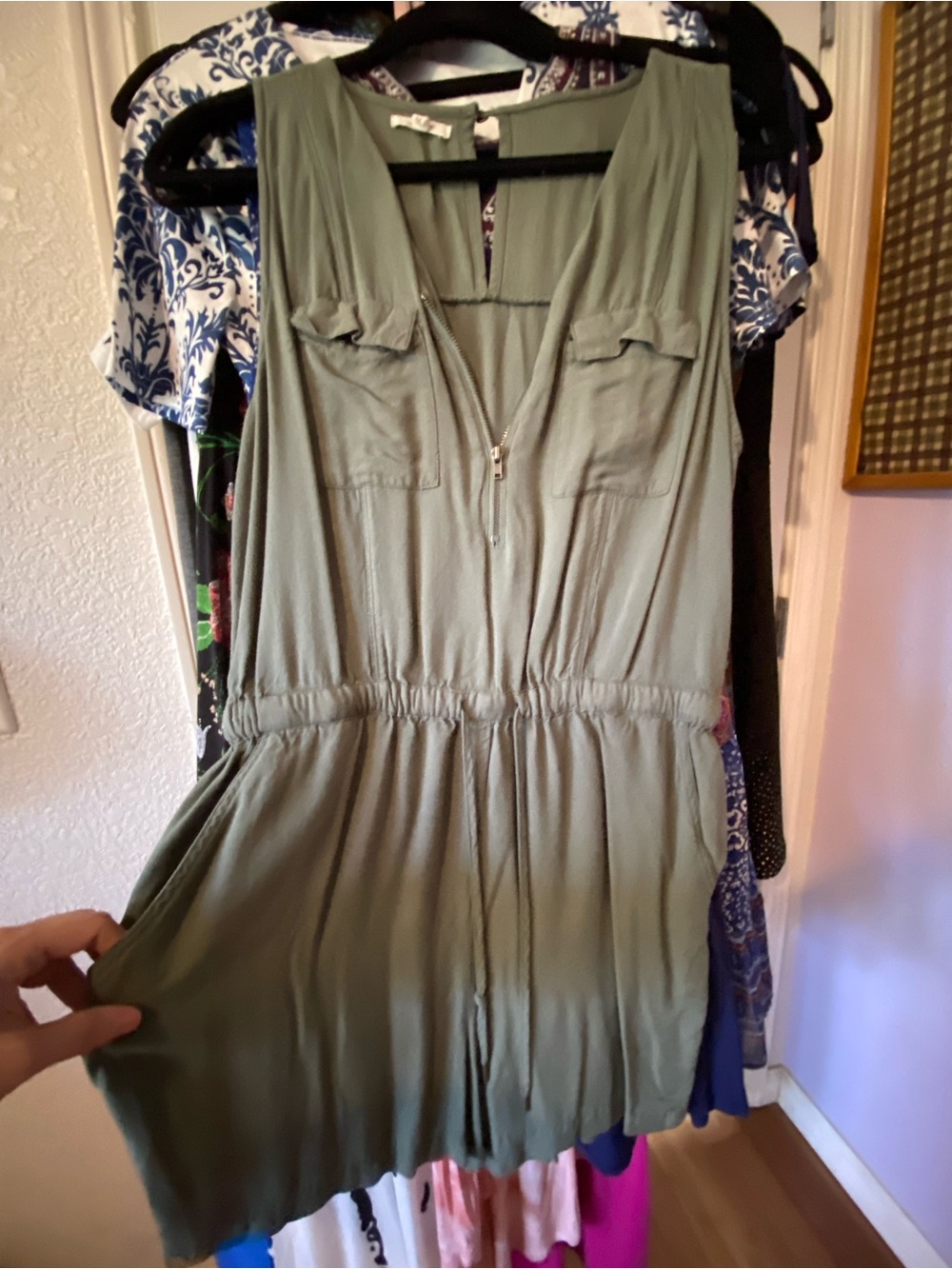 Maurices Olive Green Sleeveless Romper with Embroidered Trim